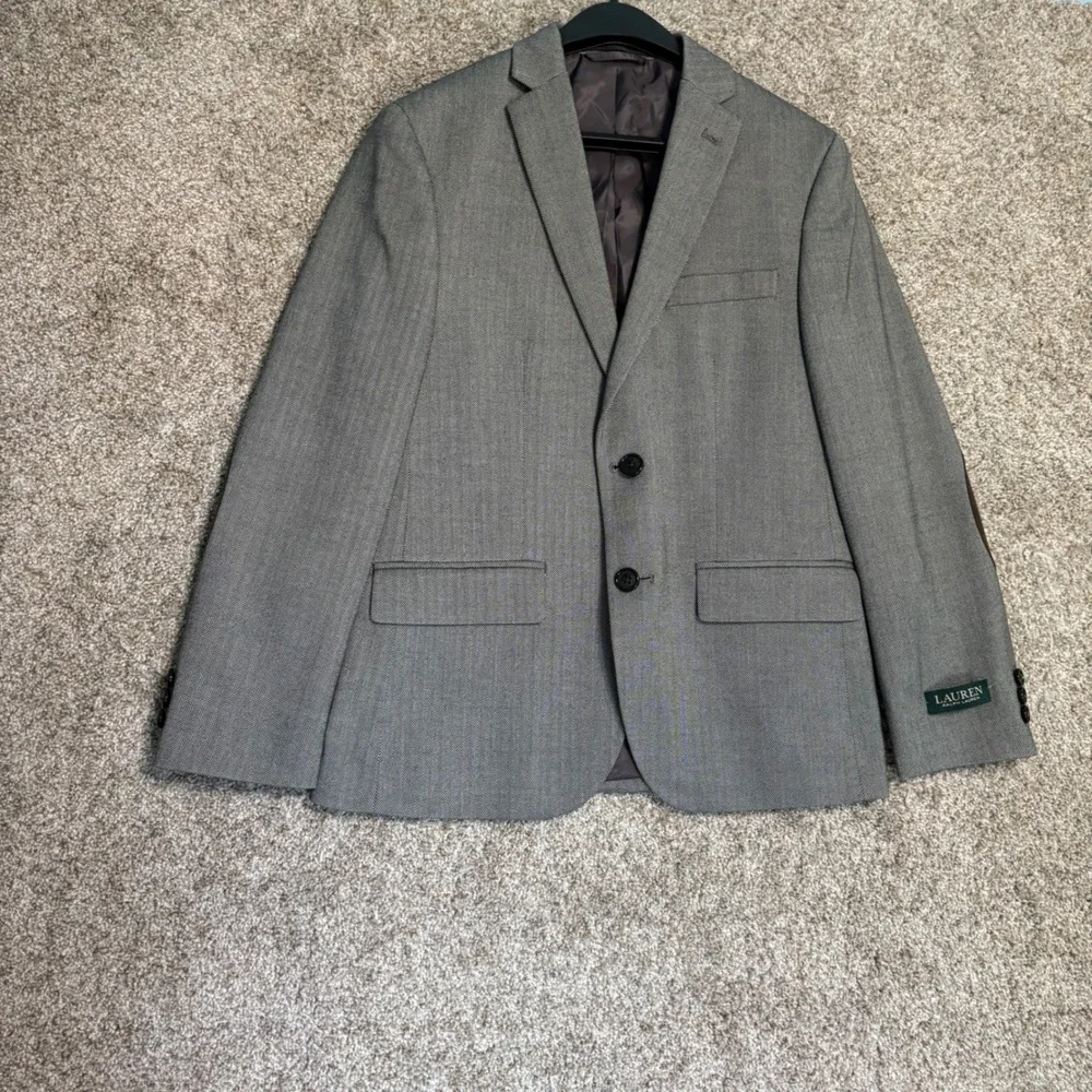 Lauren Ralph Lauren Blazer Boy 14R Gray Herringbone Brown Elbow Patch Sport Coat